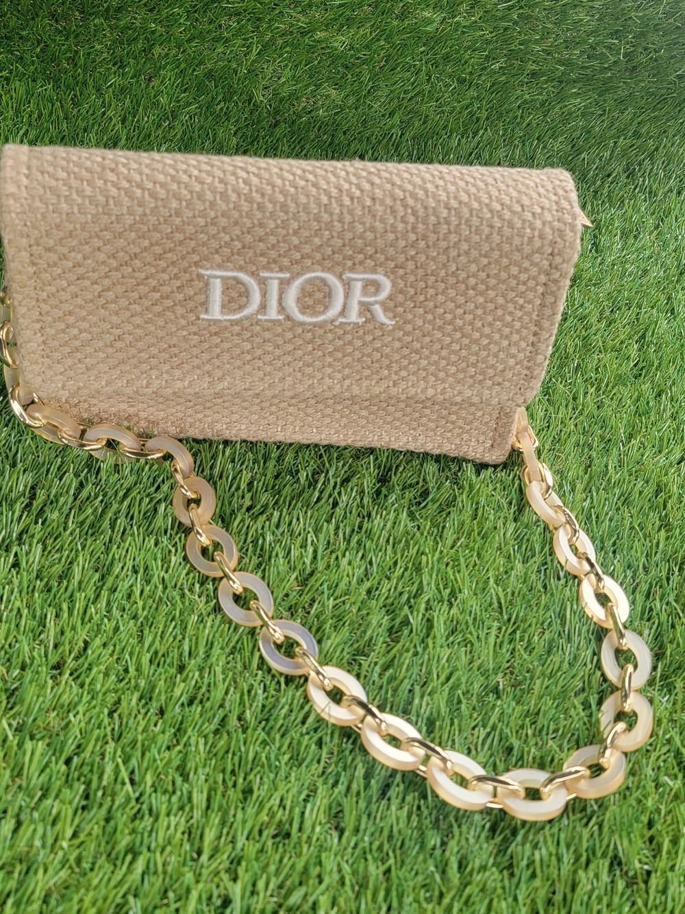 Dior Beauty Raffia Woven Bag with Gold Chain